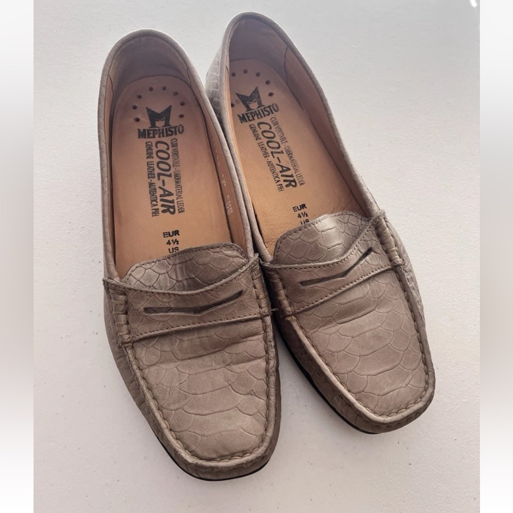 Mephisto Shoes Diva Womens 7 Taupe Leather Croc Casual Slip On Comfort Flats